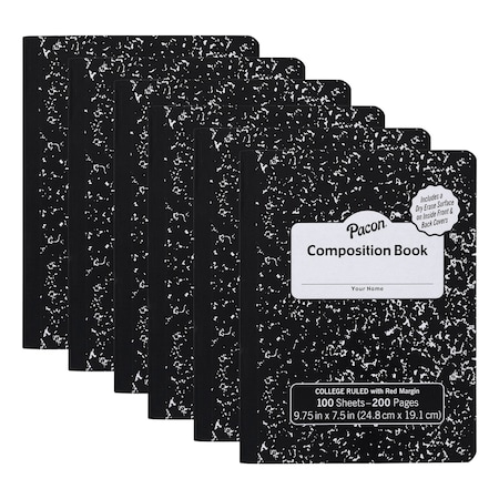 Pacon Composition Book, Black Marble, 9/32 in ruling with red margin 9-3/4in. x 7-1/2in., 100 Sheets, 6PK PMMK37106DE